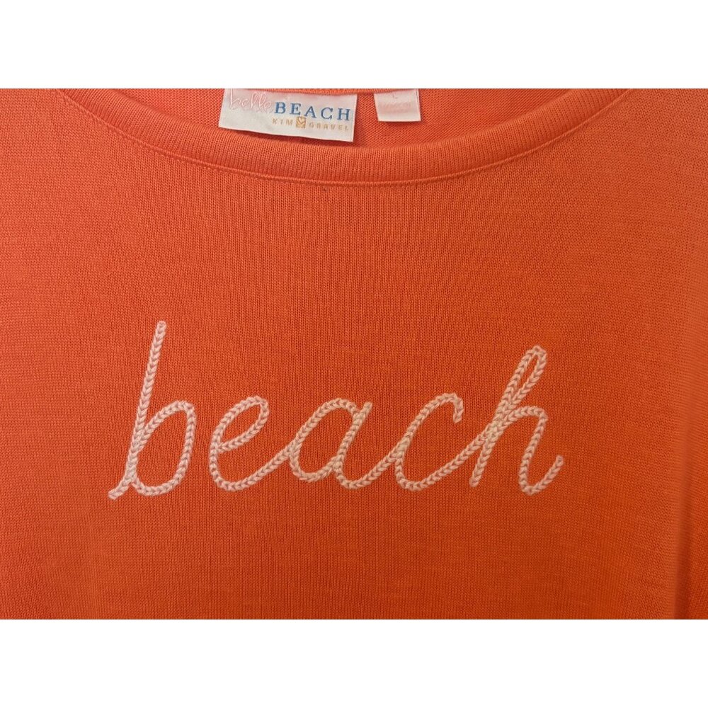 Belle Beach Kim Gravel Coral Orange Long Sleeve Embroidered "Beach" Pullover Top - Picture 6 of 7